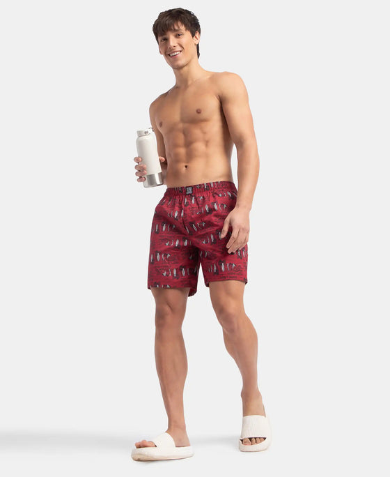 Super Combed Mercerized Cotton Woven Printed Boxer Shorts with Side Pockets - Karanda Red