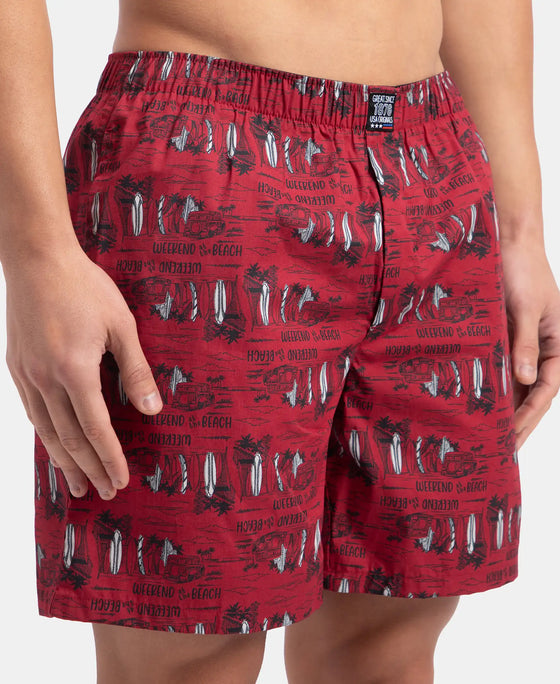 Super Combed Mercerized Cotton Woven Printed Boxer Shorts with Side Pockets - Karanda Red