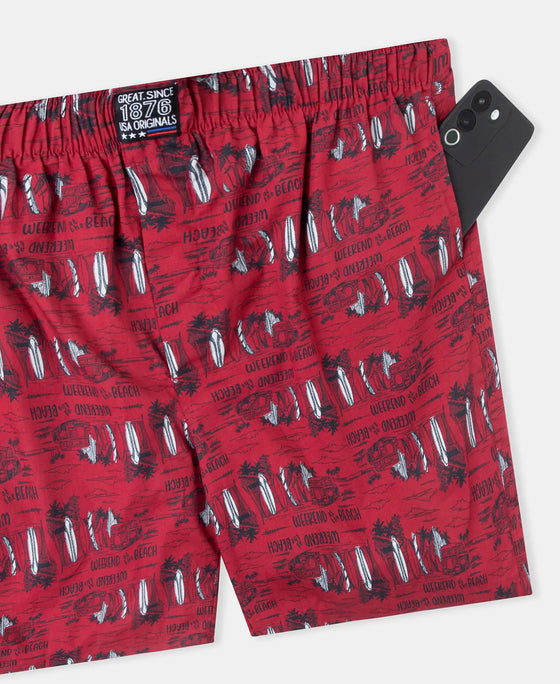 Super Combed Mercerized Cotton Woven Printed Boxer Shorts with Side Pockets - Karanda Red