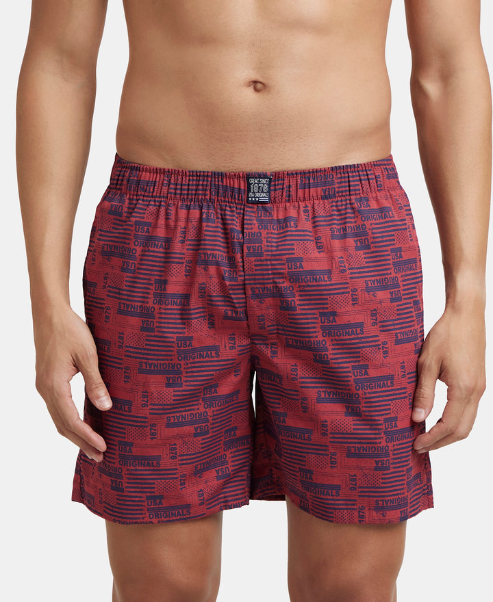 Super Combed Mercerized Cotton Woven Printed Boxer Shorts with Side Pockets - Nickel & Brickred (Pack of 2)