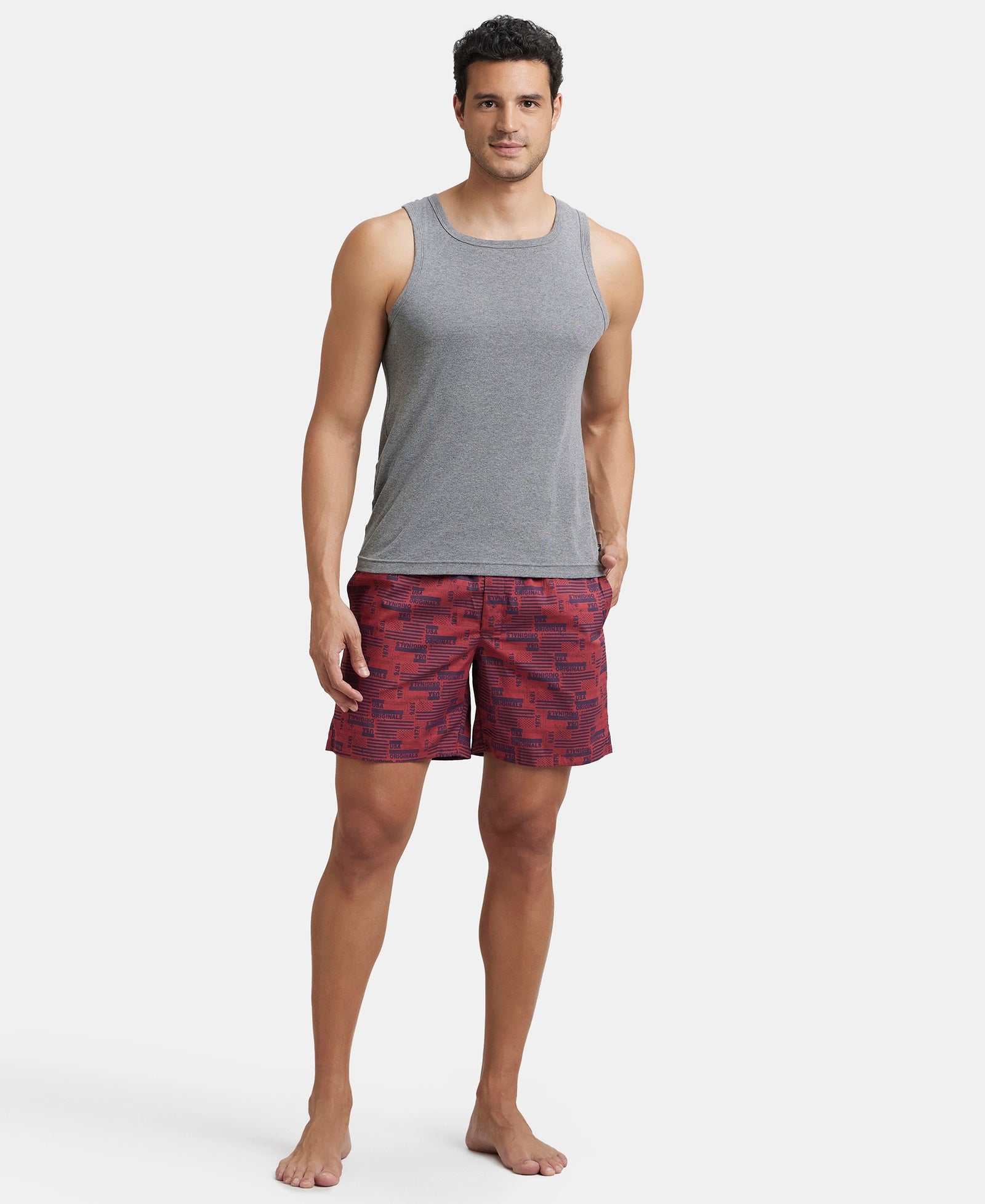 Super Combed Mercerized Cotton Woven Printed Boxer Shorts with Side Pockets - Nickel & Brickred (Pack of 2)