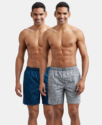 Super Combed Mercerized Cotton Woven Printed Boxer Shorts with Side Pockets - Nickel & Seaport Teal (Pack of 2)