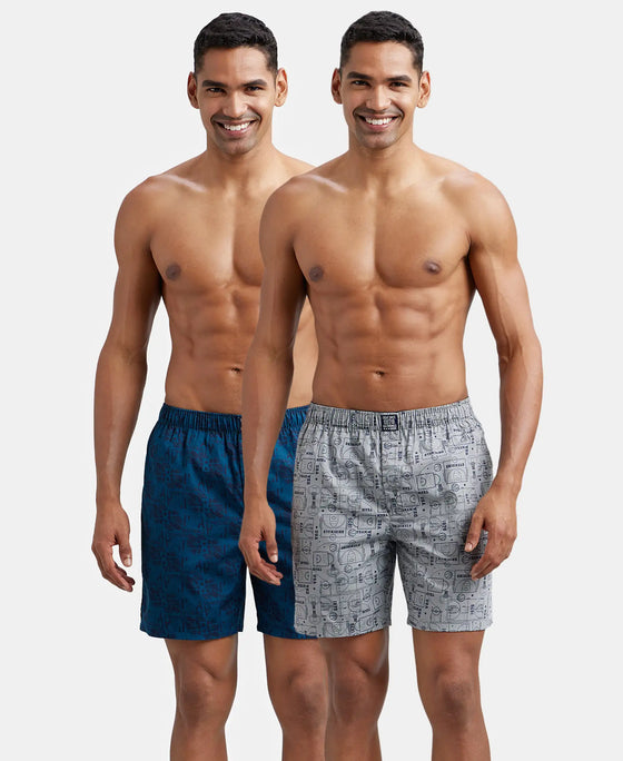 Super Combed Mercerized Cotton Woven Printed Boxer Shorts with Side Pockets - Nickel & Seaport Teal (Pack of 2)