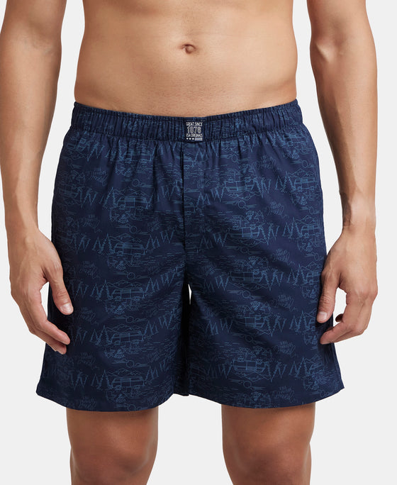 Super Combed Mercerized Cotton Woven Printed Boxer Shorts with Side Pockets - Navy & Blue Heaven (Pack of 2)