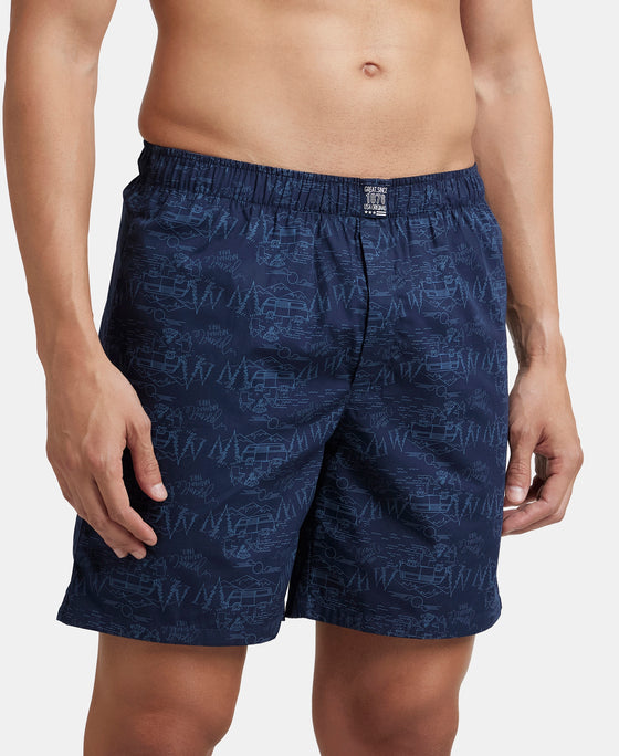 Super Combed Mercerized Cotton Woven Printed Boxer Shorts with Side Pockets - Navy & Blue Heaven (Pack of 2)