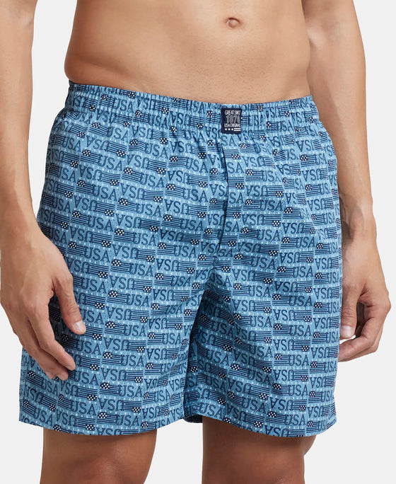 Super Combed Mercerized Cotton Woven Printed Boxer Shorts with Side Pockets - Navy & Blue Heaven (Pack of 2)