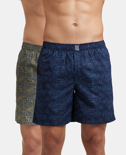 Super Combed Mercerized Cotton Woven Printed Boxer Shorts with Side Pockets - Navy & Burnt Olive (Pack of 2)