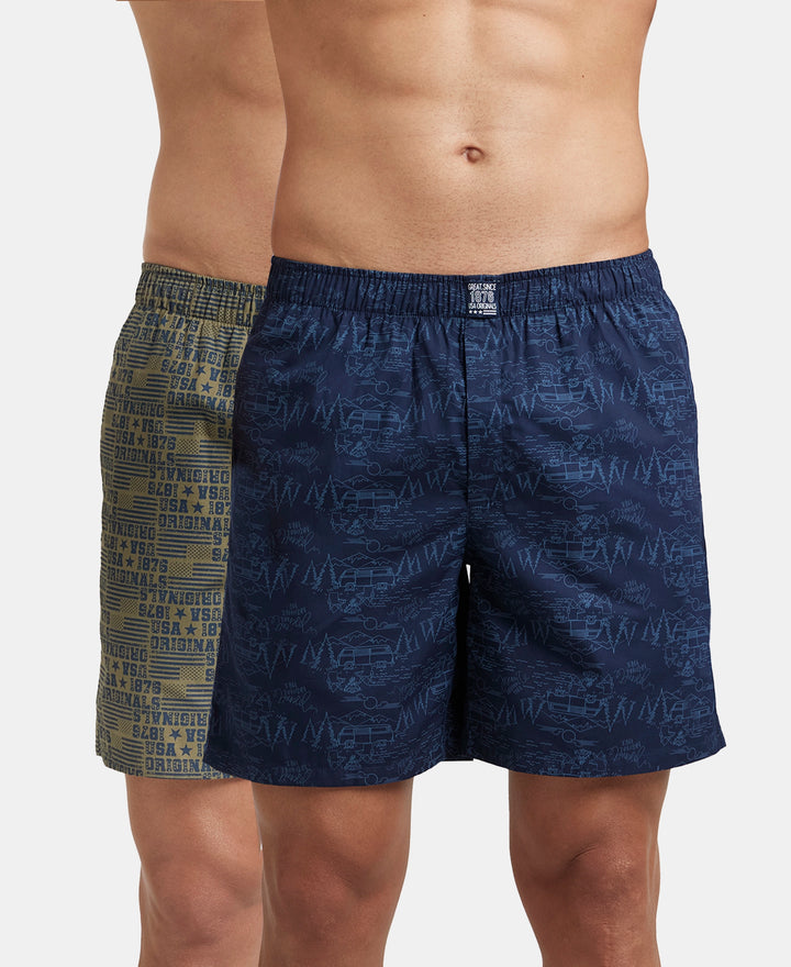 Super Combed Mercerized Cotton Woven Printed Boxer Shorts with Side Pockets - Navy & Burnt Olive (Pack of 2)