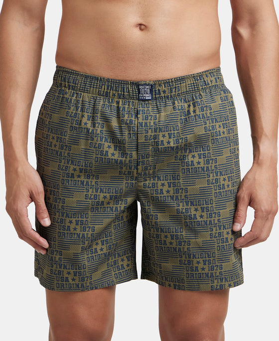 Super Combed Mercerized Cotton Woven Printed Boxer Shorts with Side Pockets - Navy & Burnt Olive (Pack of 2)