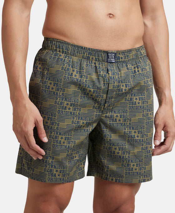 Super Combed Mercerized Cotton Woven Printed Boxer Shorts with Side Pockets - Navy & Burnt Olive (Pack of 2)