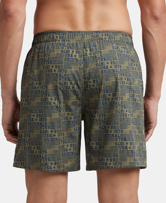 Super Combed Mercerized Cotton Woven Printed Boxer Shorts with Side Pockets - Navy & Burnt Olive (Pack of 2)