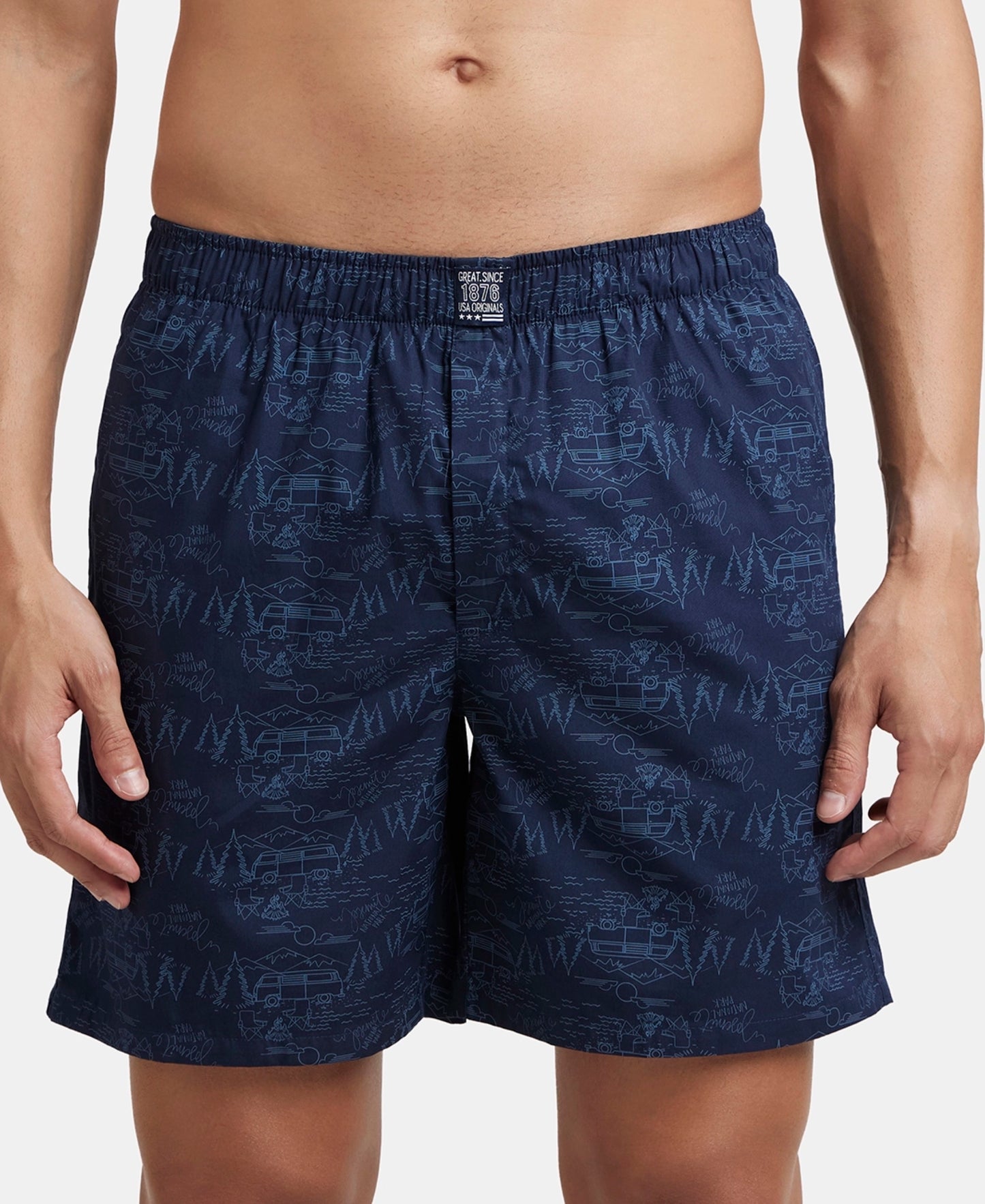 Super Combed Mercerized Cotton Woven Printed Boxer Shorts with Side Pockets - Navy & Burnt Olive (Pack of 2)
