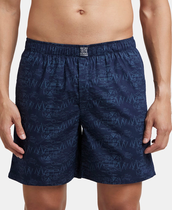 Super Combed Mercerized Cotton Woven Printed Boxer Shorts with Side Pockets - Navy & Burnt Olive (Pack of 2)