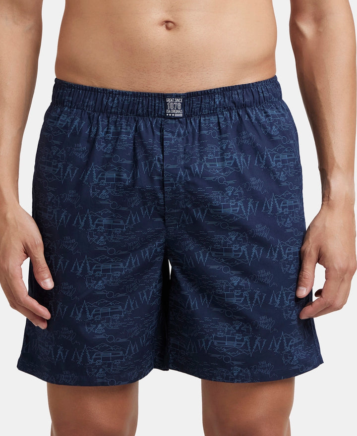 Super Combed Mercerized Cotton Woven Printed Boxer Shorts with Side Pockets - Navy & Burnt Olive (Pack of 2)
