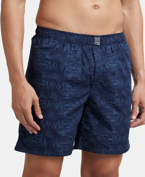 Super Combed Mercerized Cotton Woven Printed Boxer Shorts with Side Pockets - Navy & Burnt Olive (Pack of 2)