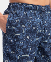 Super Combed Mercerized Cotton Woven Printed Boxer Shorts with Side Pockets - Navy & Karanda Red (Pack of 2)