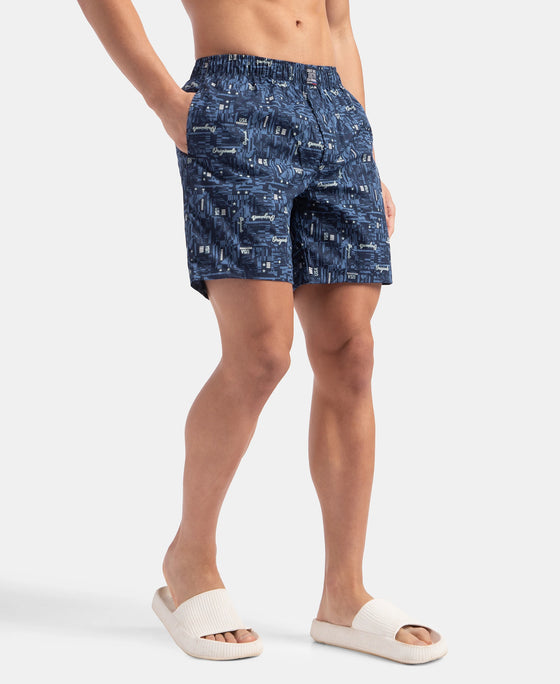 Super Combed Mercerized Cotton Woven Printed Boxer Shorts with Side Pockets - Navy & Karanda Red (Pack of 2)