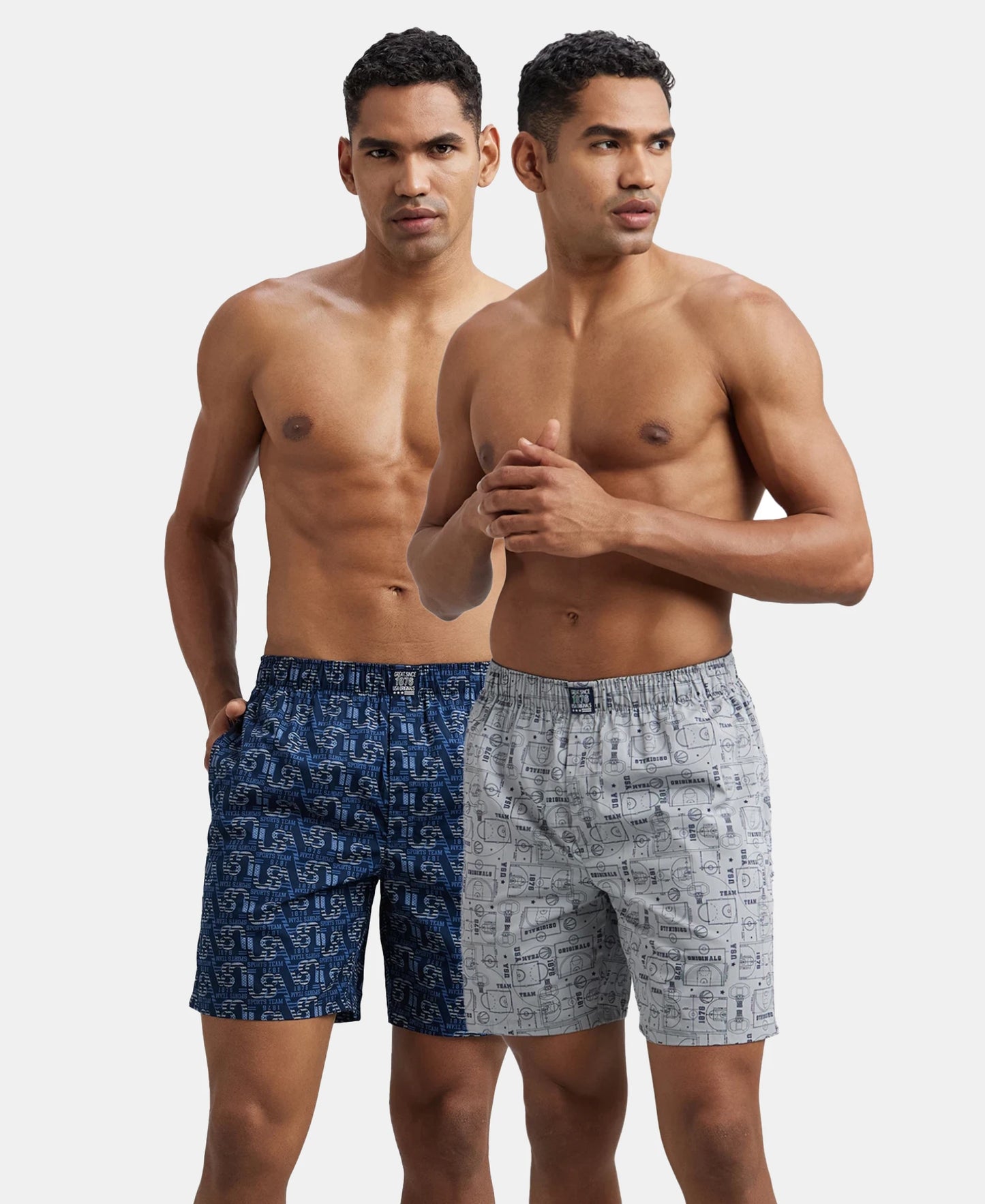 Super Combed Mercerized Cotton Woven Printed Boxer Shorts with Side Pockets - Navy & Nickel (Pack of 2)