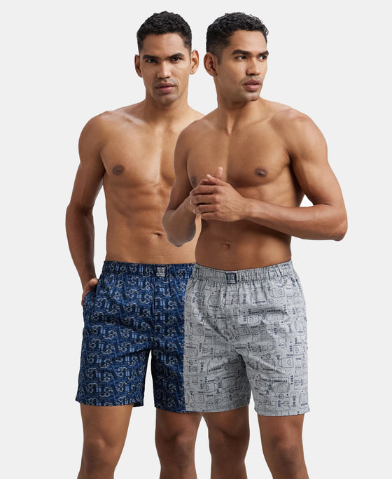 Super Combed Mercerized Cotton Woven Printed Boxer Shorts with Side Pockets - Navy & Nickel (Pack of 2)