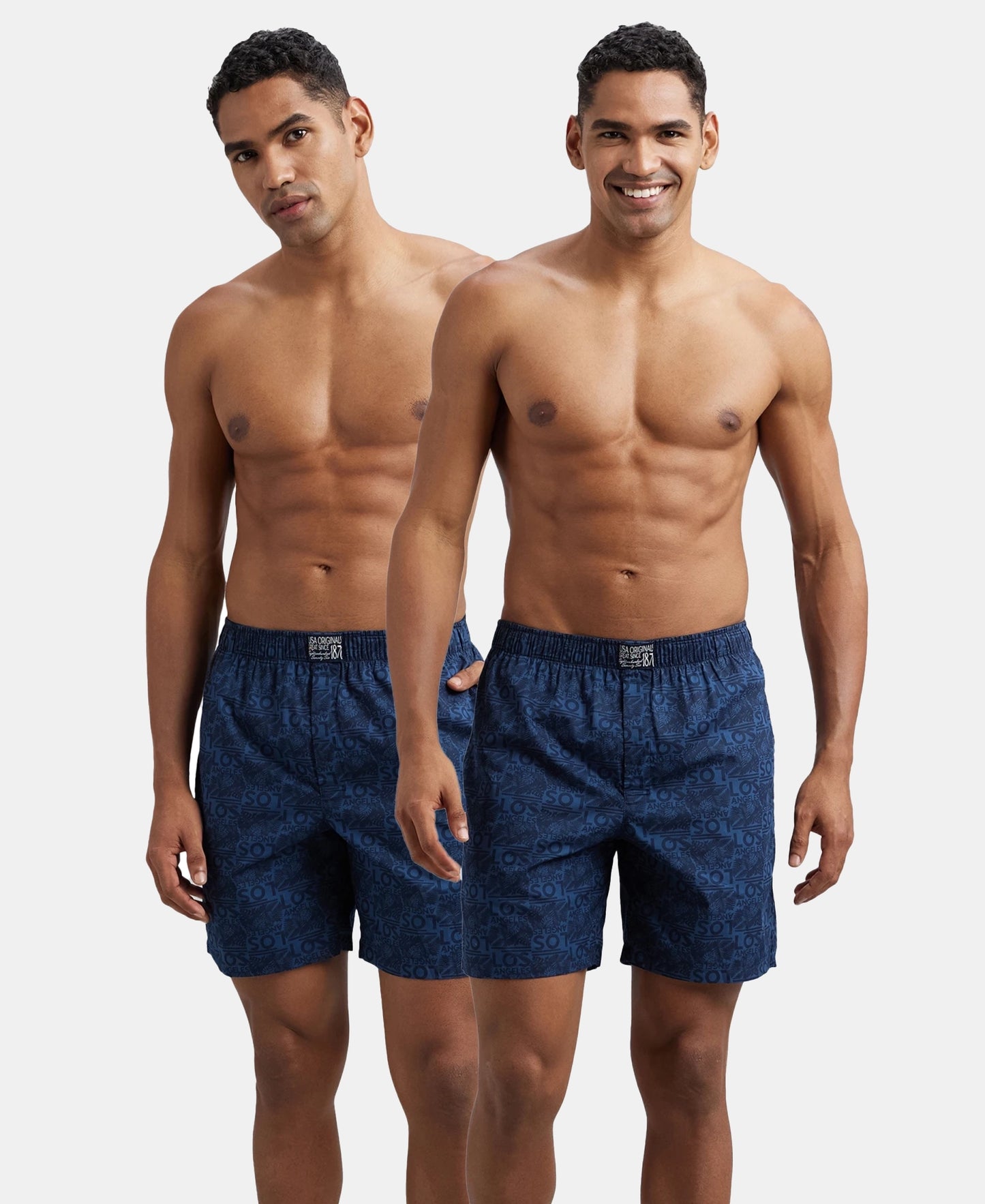 Super Combed Mercerized Cotton Woven Printed Boxer Shorts with Side Pockets - Navy Navy (Pack of 2)