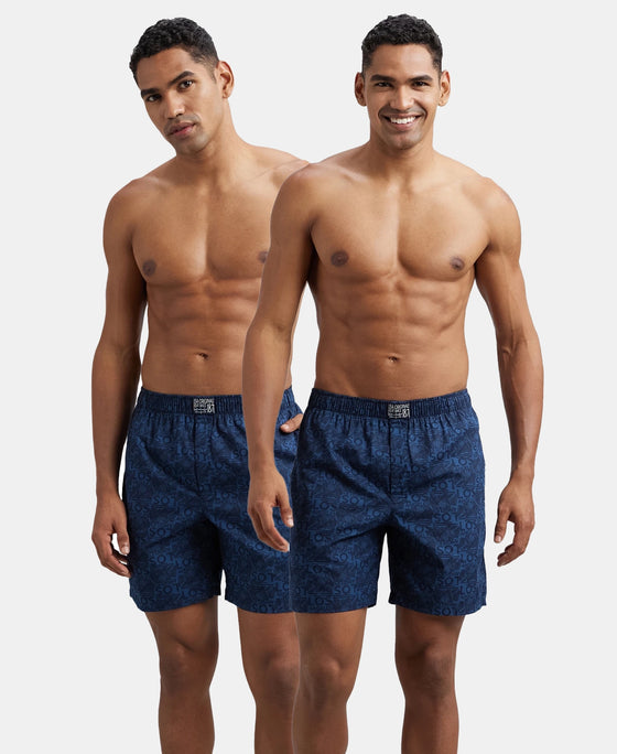 Super Combed Mercerized Cotton Woven Printed Boxer Shorts with Side Pocket - Navy Navy (Pack of 2)