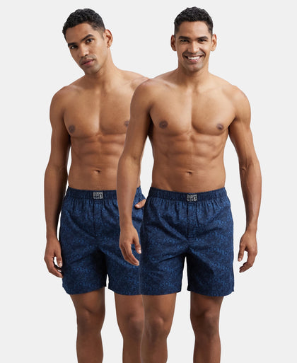 Super Combed Mercerized Cotton Woven Printed Boxer Shorts with Side Pockets - Navy Navy (Pack of 2)