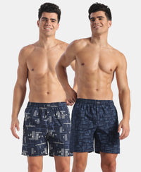 Super Combed Mercerized Cotton Woven Printed Boxer Shorts with Side Pockets - Navy (Pack of 2)
