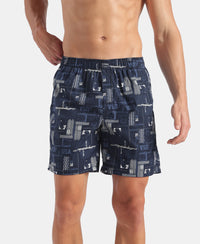 Super Combed Mercerized Cotton Woven Printed Boxer Shorts with Side Pockets - Navy (Pack of 2)