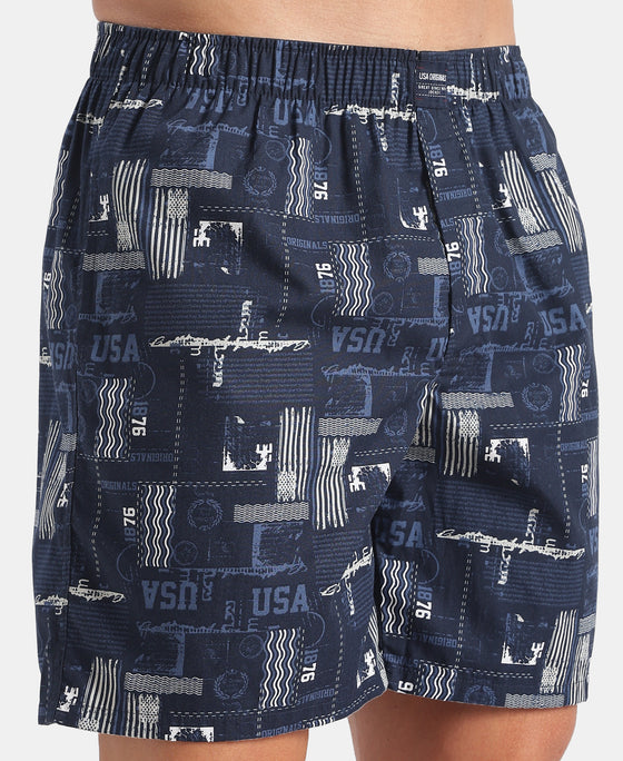Super Combed Mercerized Cotton Woven Printed Boxer Shorts with Side Pockets - Navy (Pack of 2)
