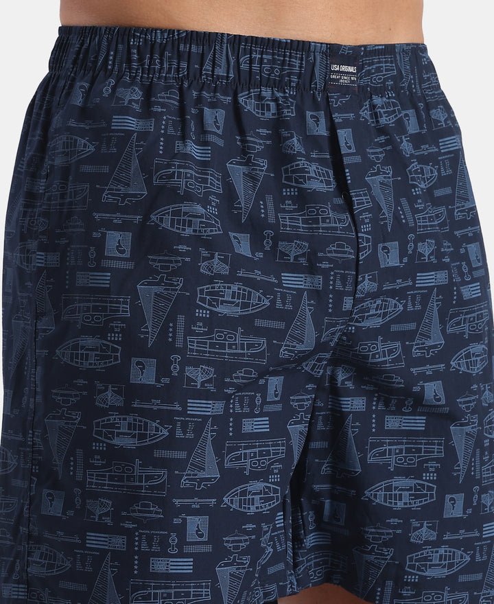 Super Combed Mercerized Cotton Woven Printed Boxer Shorts with Side Pockets - Navy (Pack of 2)