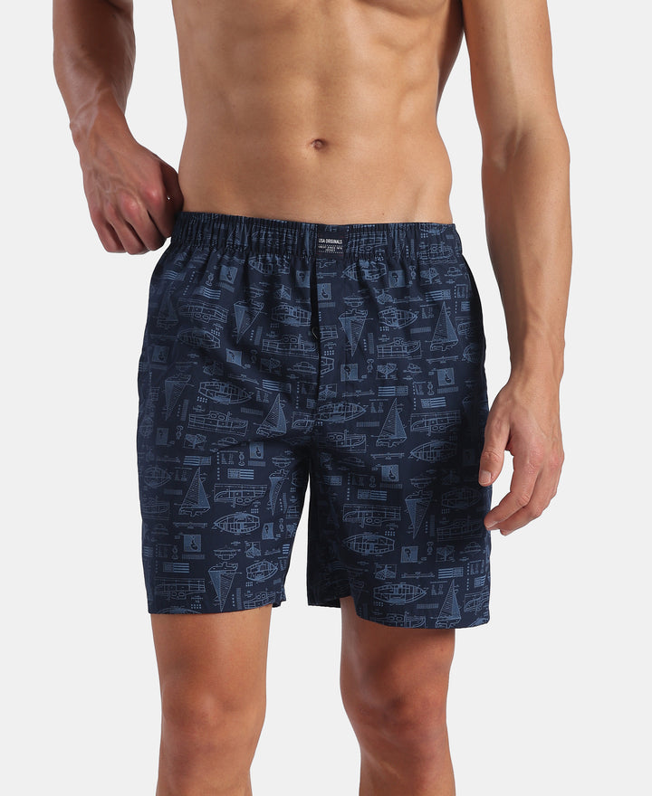 Super Combed Mercerized Cotton Woven Printed Boxer Shorts with Side Pockets - Navy (Pack of 2)