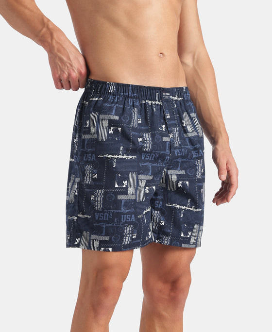 Super Combed Mercerized Cotton Woven Printed Boxer Shorts with Side Pockets - Navy (Pack of 2)