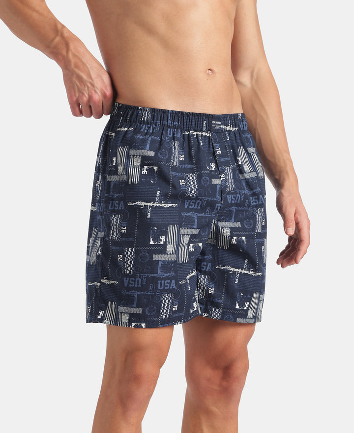 Super Combed Mercerized Cotton Woven Printed Boxer Shorts with Side Pockets - Navy (Pack of 2)