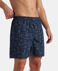 Super Combed Mercerized Cotton Woven Printed Boxer Shorts with Side Pockets - Navy (Pack of 2)