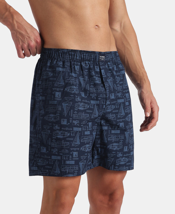Super Combed Mercerized Cotton Woven Printed Boxer Shorts with Side Pockets - Navy (Pack of 2)