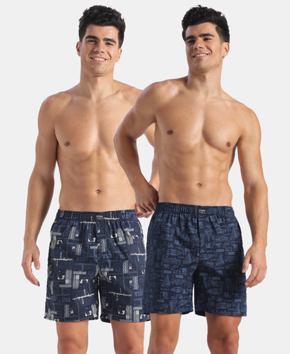 Super Combed Mercerized Cotton Woven Printed Boxer Shorts with Side Pockets - Navy (Pack of 2)