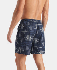 Super Combed Mercerized Cotton Woven Printed Boxer Shorts with Side Pockets - Navy (Pack of 2)