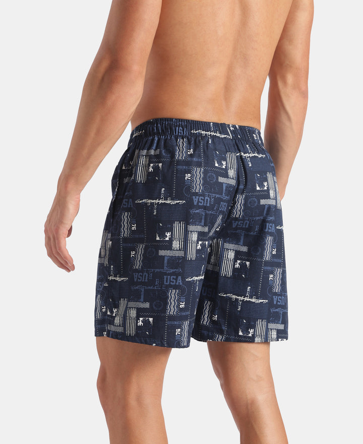 Super Combed Mercerized Cotton Woven Printed Boxer Shorts with Side Pockets - Navy (Pack of 2)