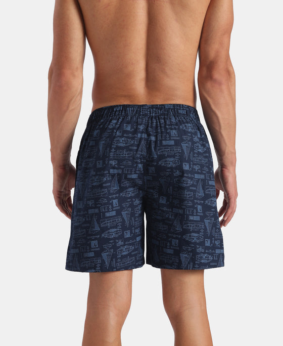 Super Combed Mercerized Cotton Woven Printed Boxer Shorts with Side Pockets - Navy (Pack of 2)