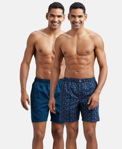 Super Combed Mercerized Cotton Woven Printed Boxer Shorts with Side Pocket - Navy Seaport Teal (Pack of 2)