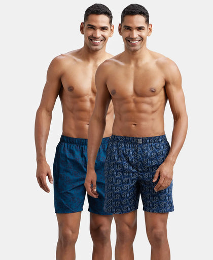 Super Combed Mercerized Cotton Woven Printed Boxer Shorts with Side Pockets - Navy Seaport Teal (Pack of 2)