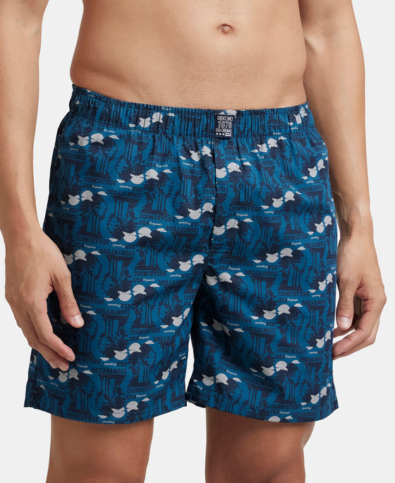 Super Combed Mercerized Cotton Woven Printed Boxer Shorts with Side Pockets - Seaport Teal & Blue Heaven (Pack of 2)