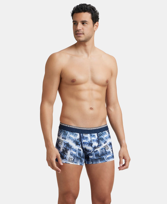 Super Combed Cotton Elastane Stretch Printed Trunk with Ultrasoft Waistband - White & Navy