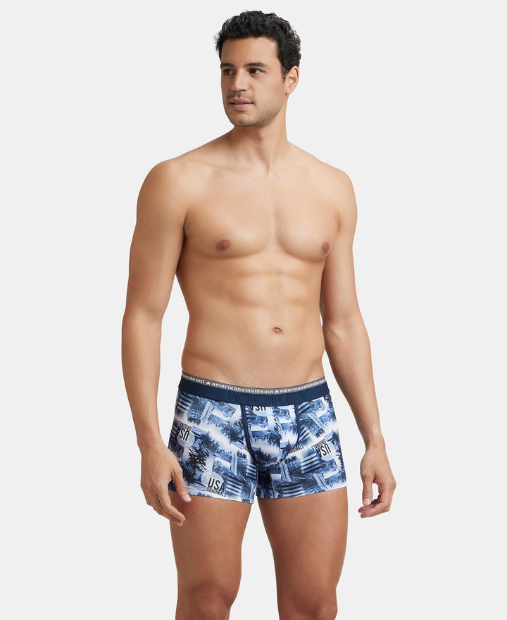 Super Combed Cotton Elastane Stretch Printed Trunk with Ultrasoft Waistband - White & Navy