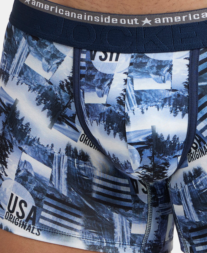 Super Combed Cotton Elastane Stretch Printed Trunk with Ultrasoft Waistband - White & Navy