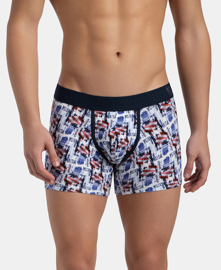 Super Combed Cotton Elastane Stretch Printed Trunk with Ultrasoft Waistband - White & Navy