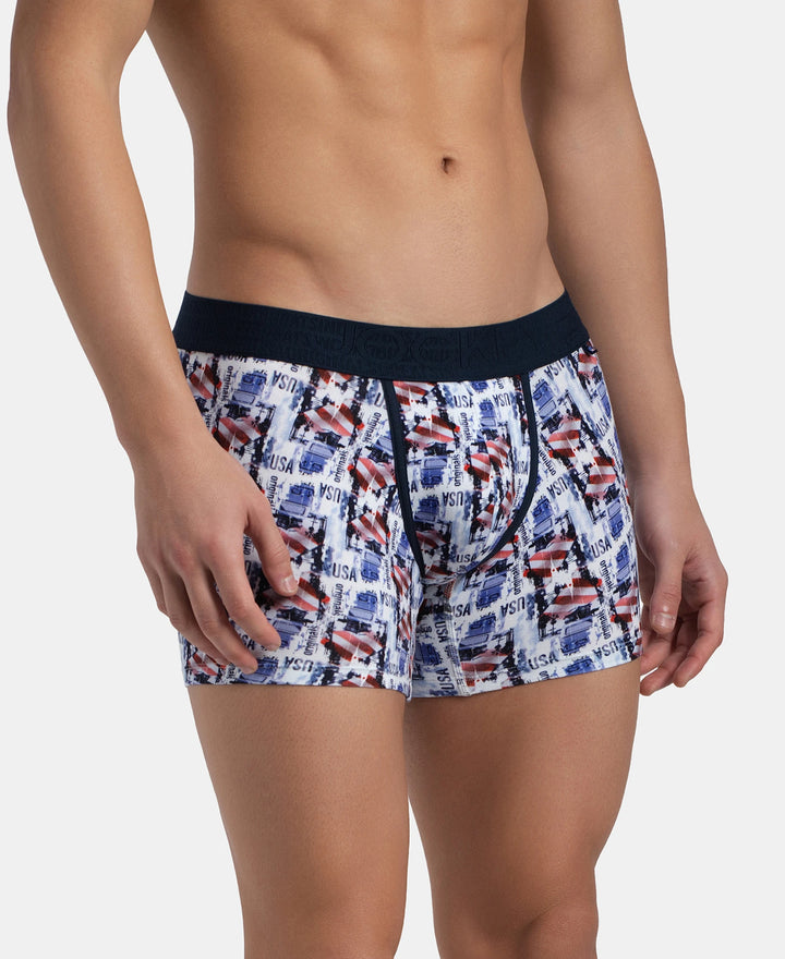 Super Combed Cotton Elastane Stretch Printed Trunk with Ultrasoft Waistband - White & Navy