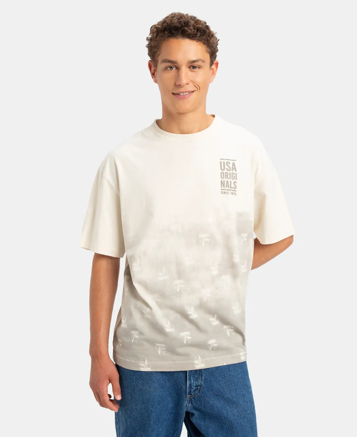 Super Combed Cotton Rich Graphic Printed Oversized T-Shirt - Almond Milk USA