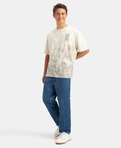 Super Combed Cotton Rich Graphic Printed Oversized T-Shirt - Almond Milk USA
