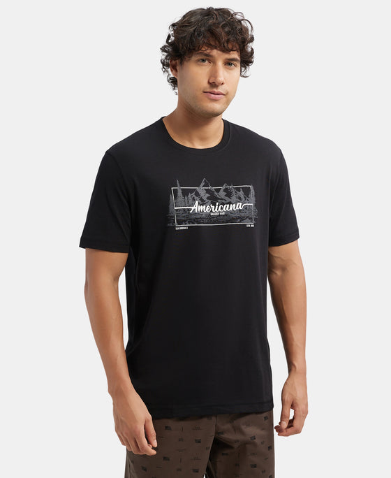 Super Combed Cotton Rich Graphic Printed Round Neck Half Sleeve T-Shirt - Black USA